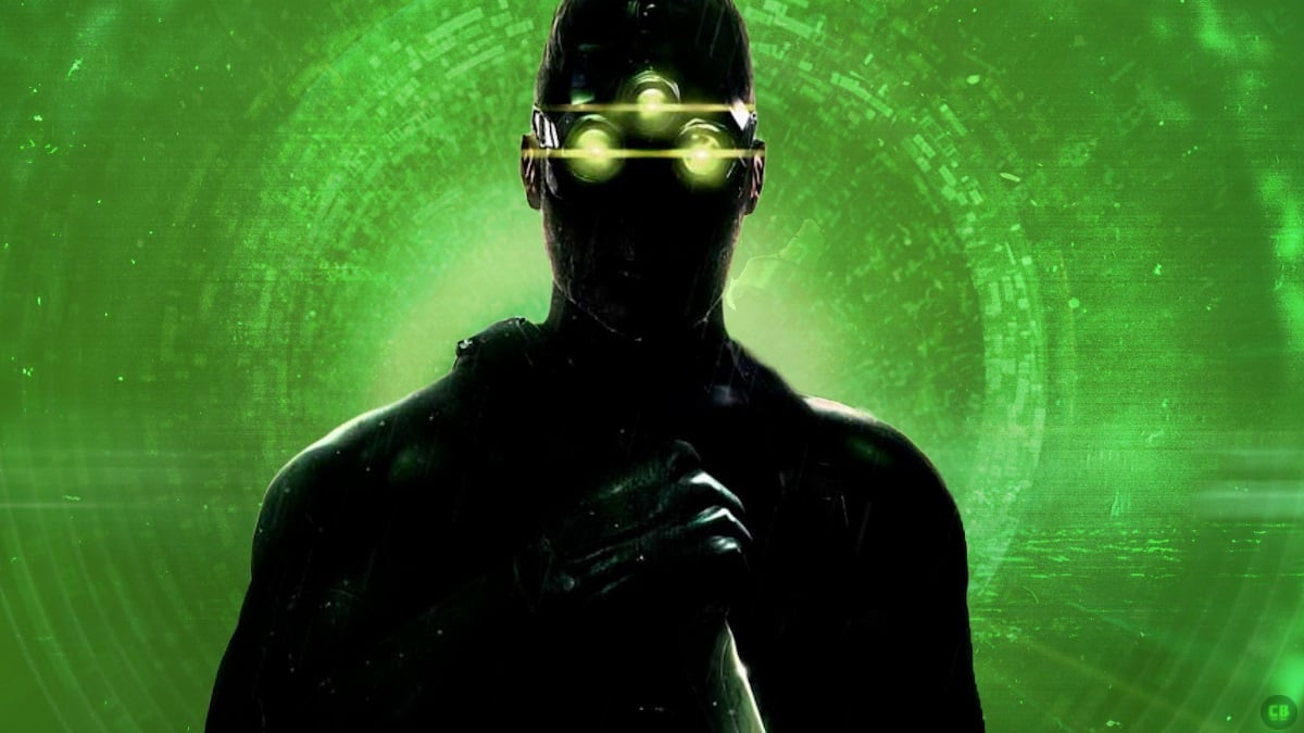 Splinter Cell: a silhouetted Sam Fisher stands in front of a neon green background.