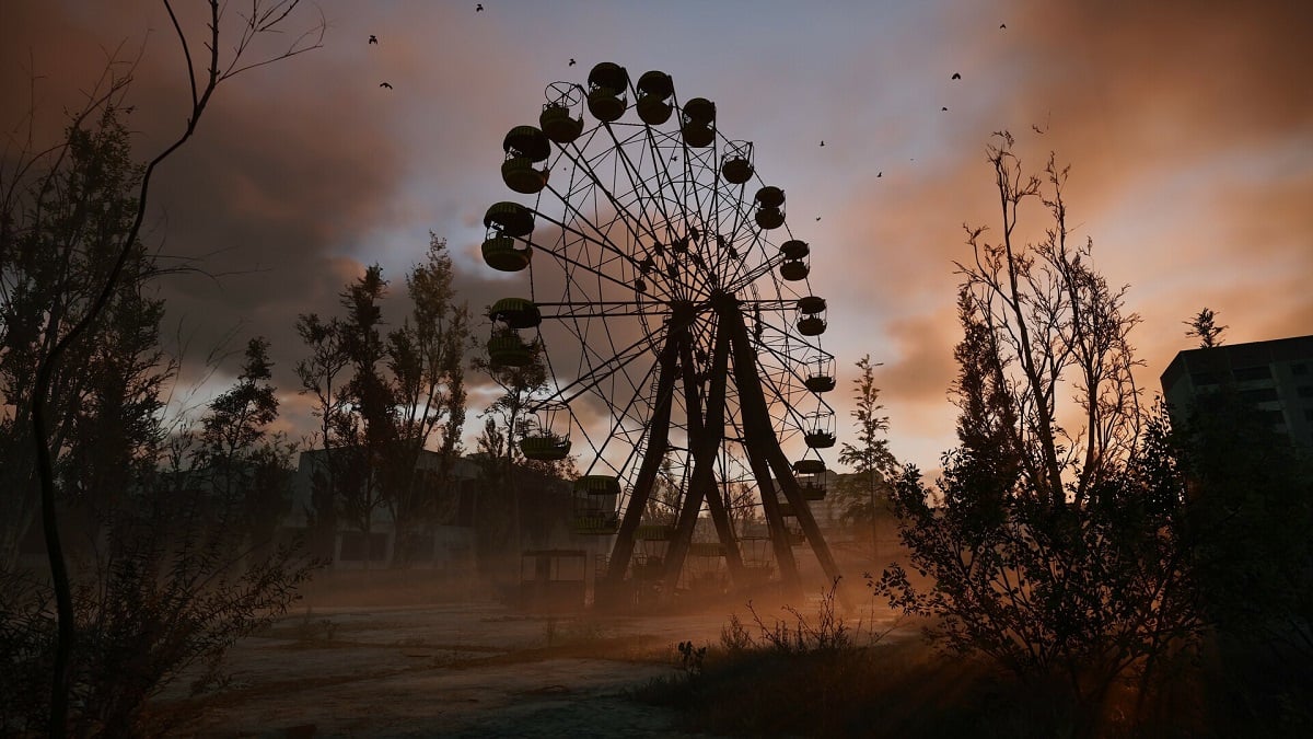 STALKER 2: a creepy silhouette of a Ferris wheel on a dark sky backdrop.