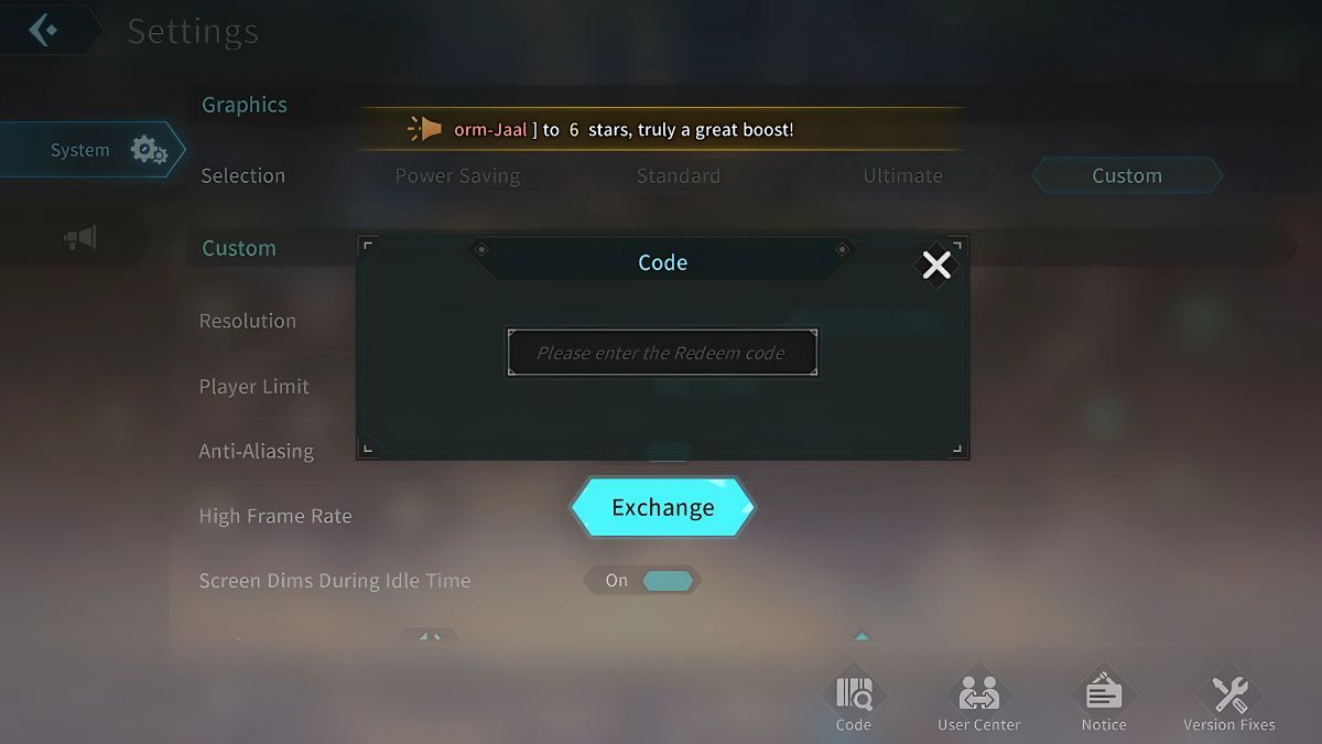 Codes redemption menu in Stellar Traveler