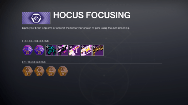 Destiny 2's Festival of the Lost Hocus Focusing menu.