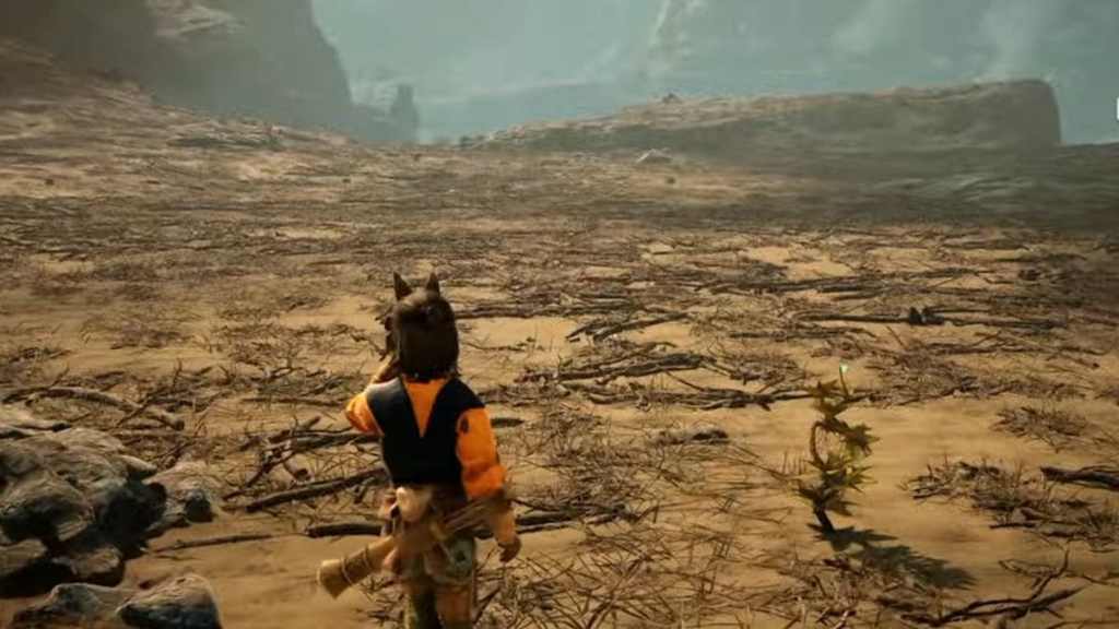 A Raro stalk growing out of the desert near the player character in Towers of Aghasba. 