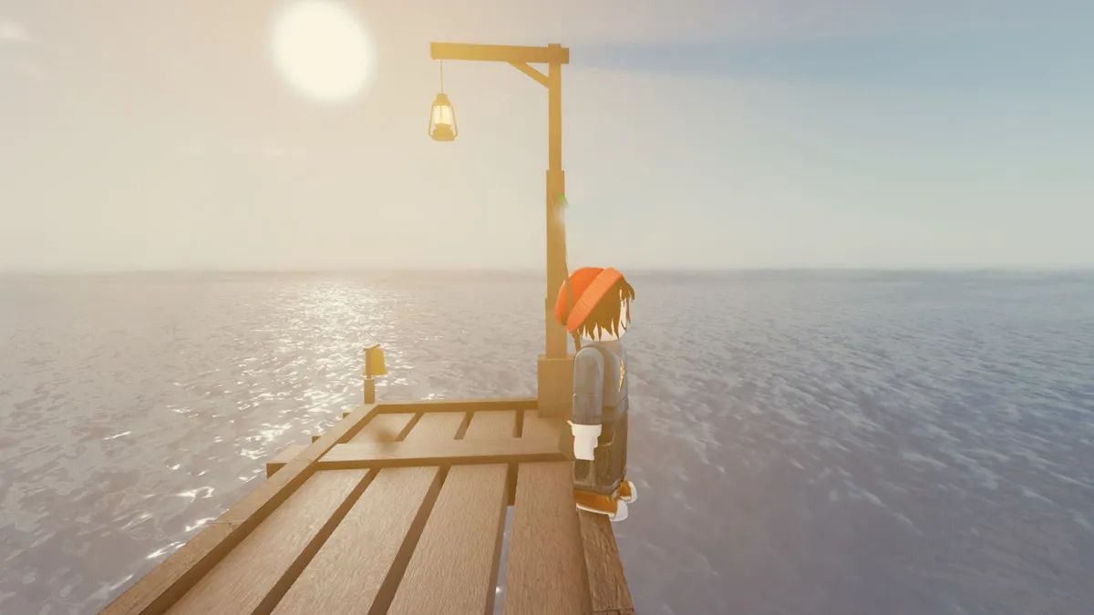 A Fisch Roblox player on a dock catching rare fish.