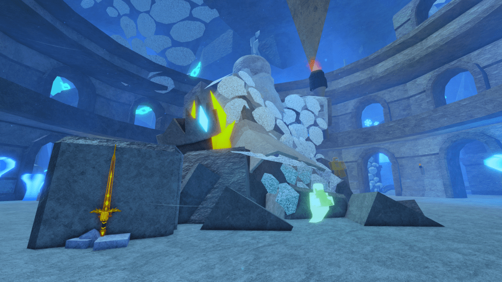 Atlantis from a first person point of view in Roblox Fisch