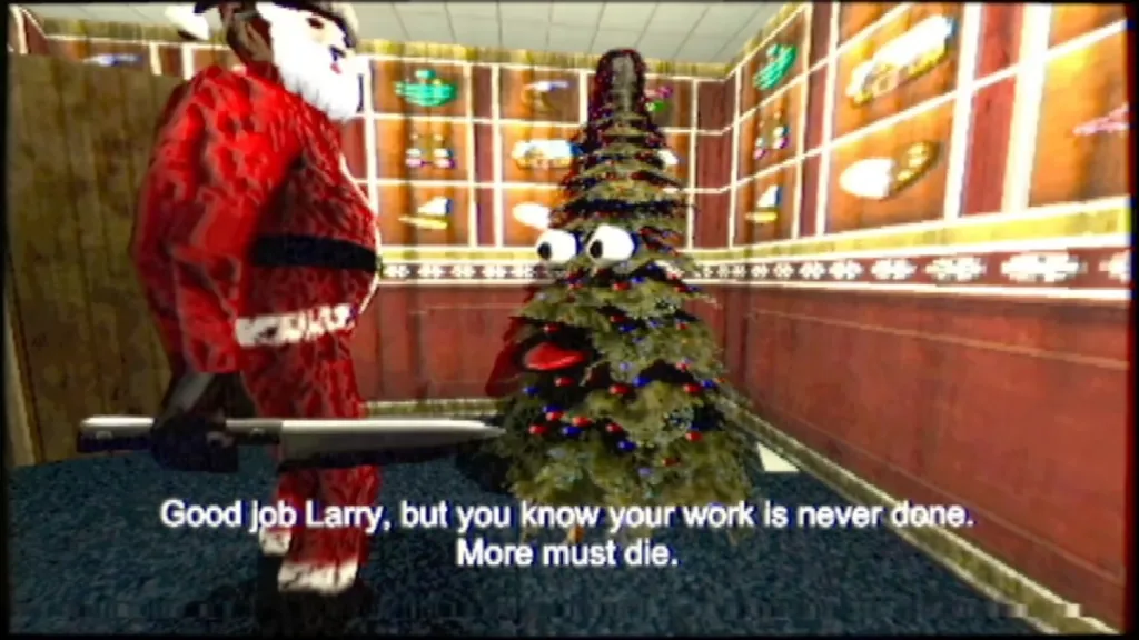 The main character speaks to a Christmas tree in Christmas Massacre