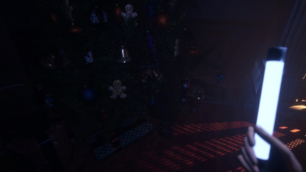 The player holds a light while in front of a Christmas tree in Christmas Night