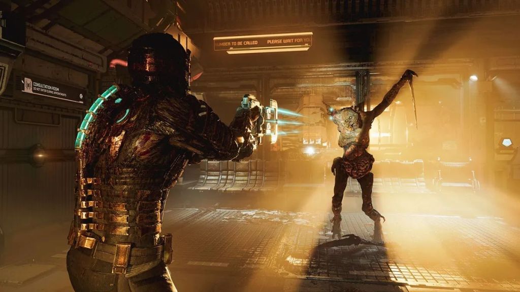 A scene in Dead Space, recently made free on Xbox Game Pass, in which a player character fights a monster.