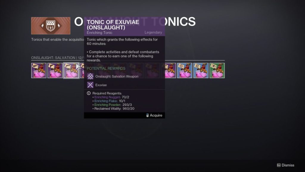 Tonic crafting menu in Destiny 2.