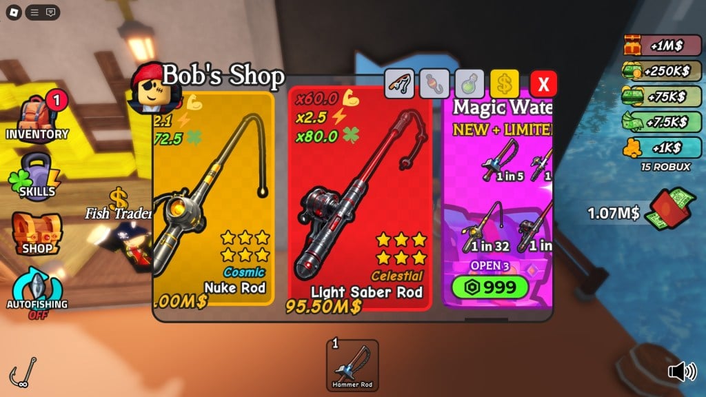 A window showing all the purchasable rods in GO FISHING