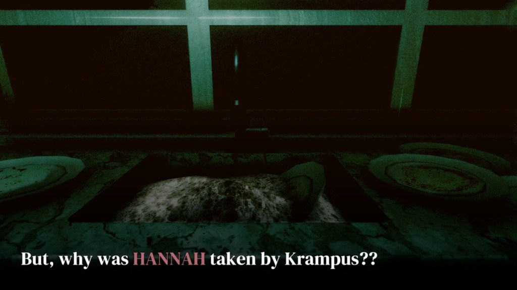 A dirty sink with dishes in it, with text that reads "But, why was HANNAH taken by Krampus??" from For Goodness Sake