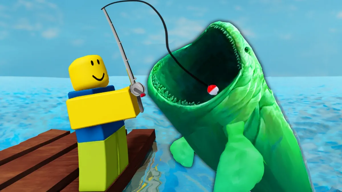 A Roblox character is pulling in a big green fish