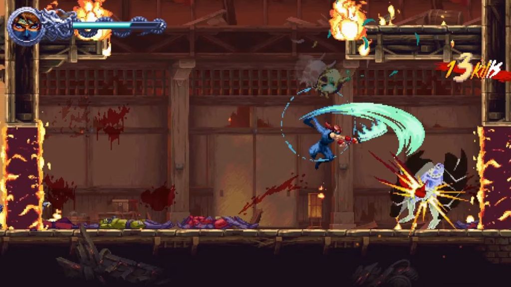 Kenji Mozu fighting some enemies in Ninja Gaiden Ragebound.