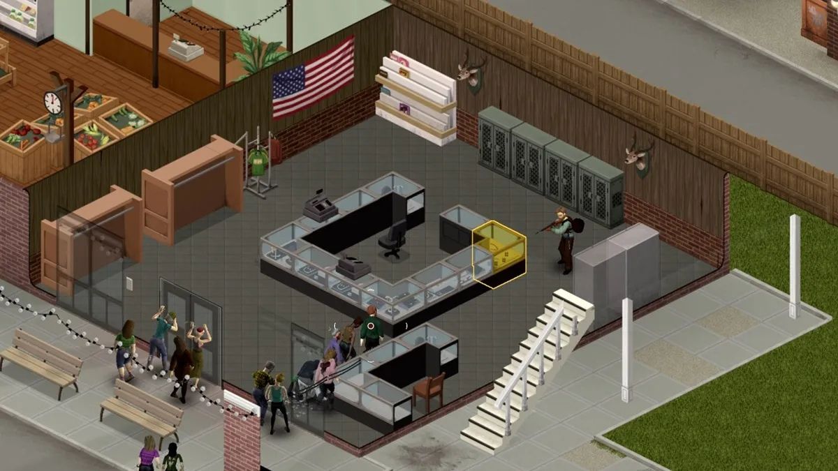 A player holds down a building with a shotgun against invading zombies in Project Zomboid.