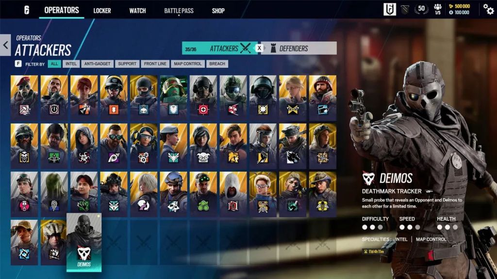 Operator menu in Rainbow Six Siege