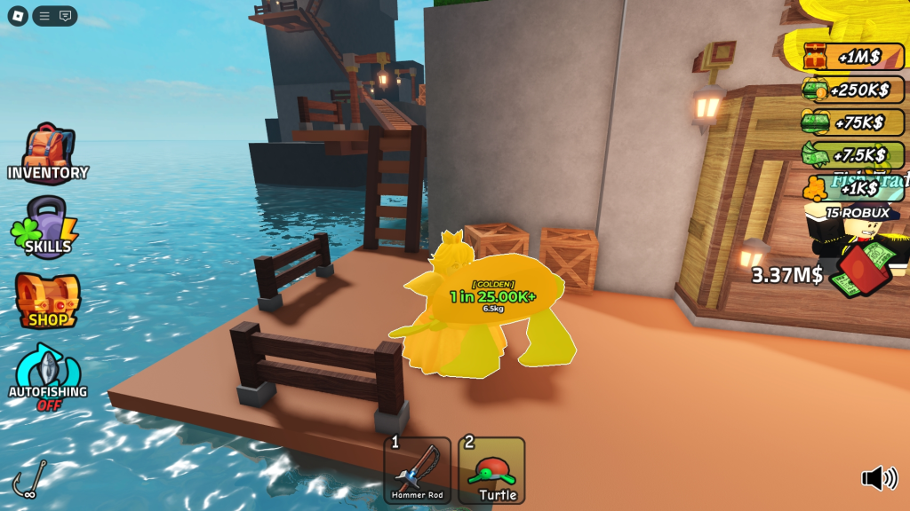 A Roblox character is showing off a Golden Turtle in GO FISHING Roblox