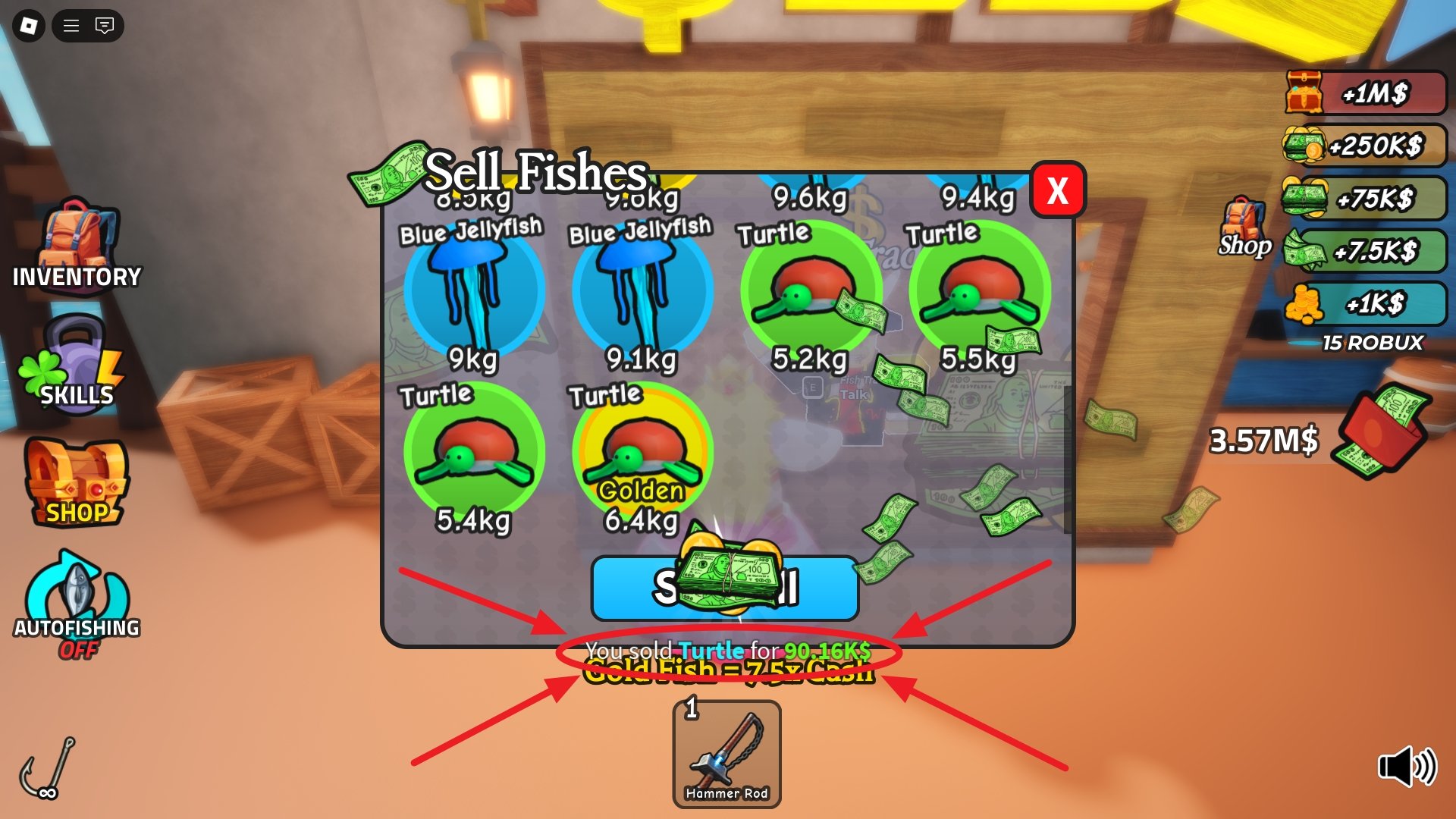 GO FISHING inventory screen showing how much a player gets for selling a Golden Turtle