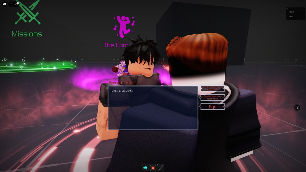 Roblox player is talking to the Sorcerer Killer NPC in Jujutsu Infinite