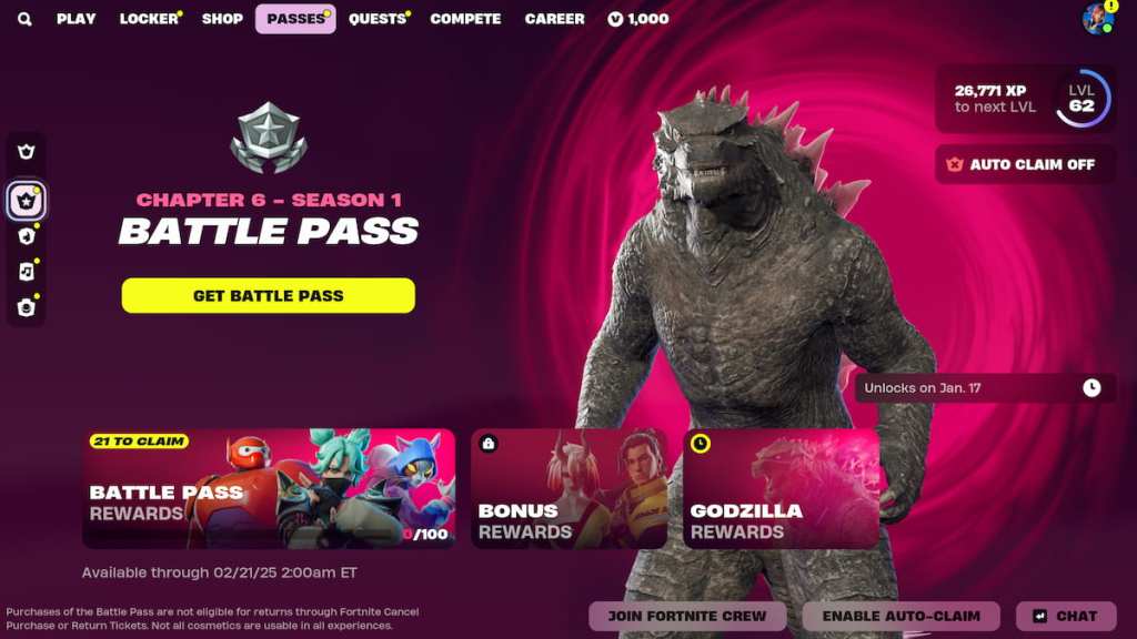 Godzilla in Fortnite's battle pass