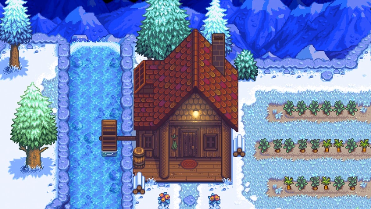 Haunted Chocolatier: a cartoon-y house sits on a snow-covered farm.