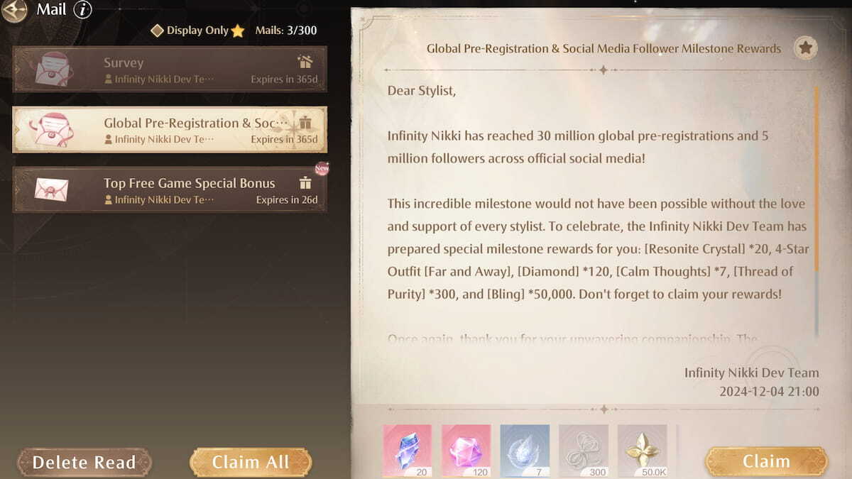 Pre-registration rewards in Infinity Nikki