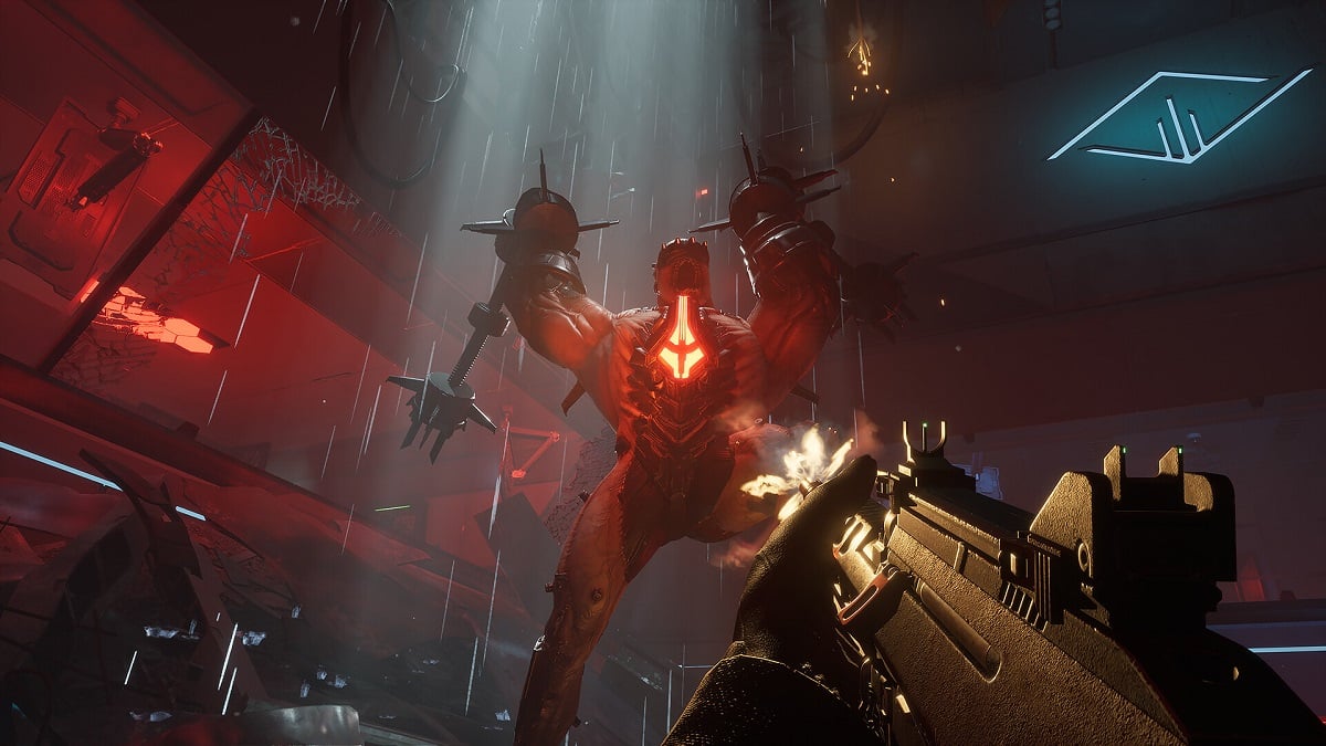 Killing Floor 3: the player shoots at a gigantic monster that roars with a red glow in its chest.