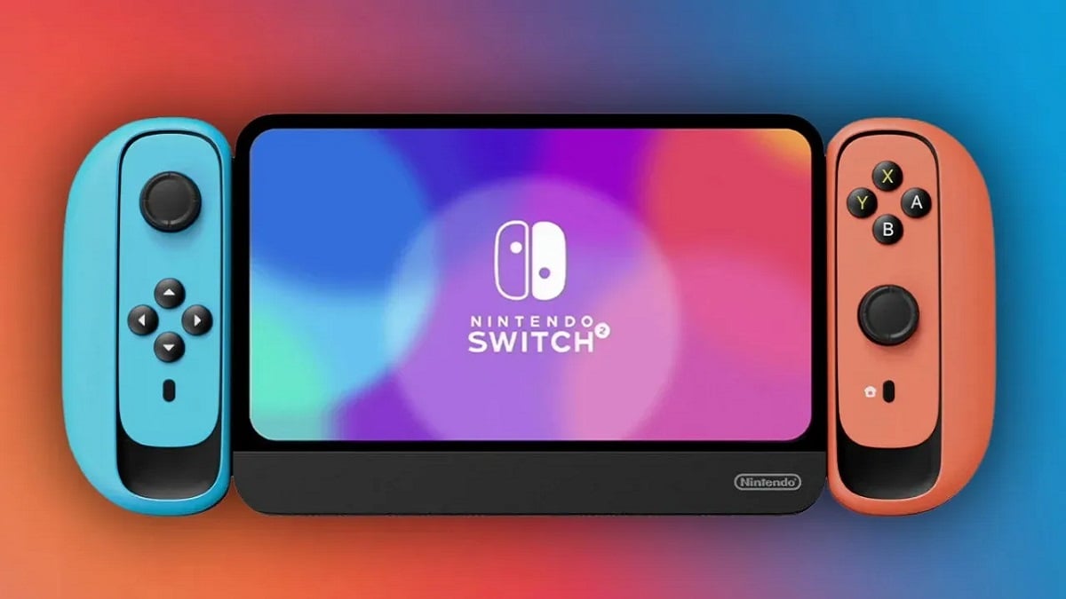 A rendered image of a possible Nintendo Swicth 2 console on a red and teal background.