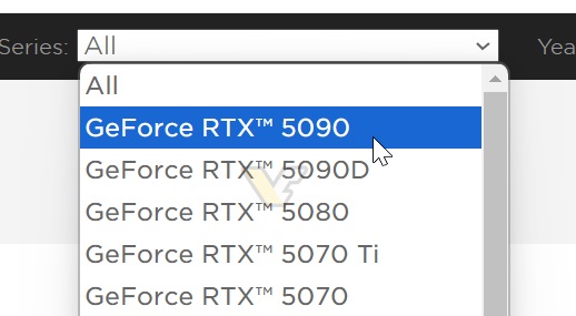 Website screenshot showing a drop-down list that contains a number of Nvidia RTX 5000 graphics cards.