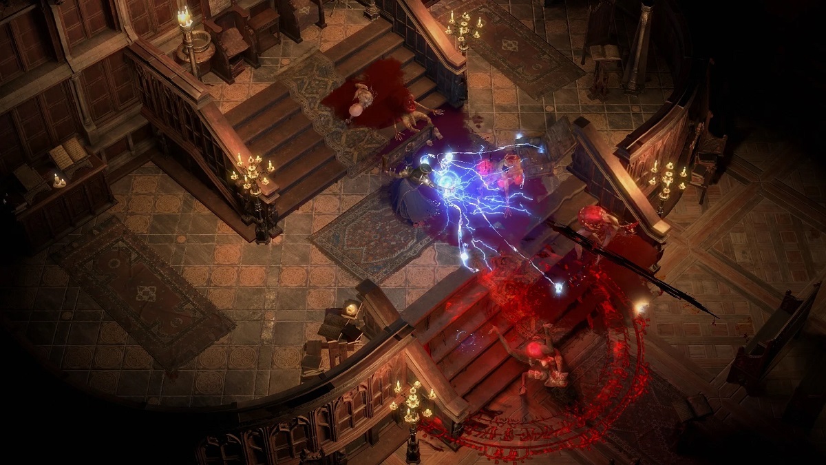 Path of Exile 2: an isometric view of a magic-based character shooting blue lightning at enemies.