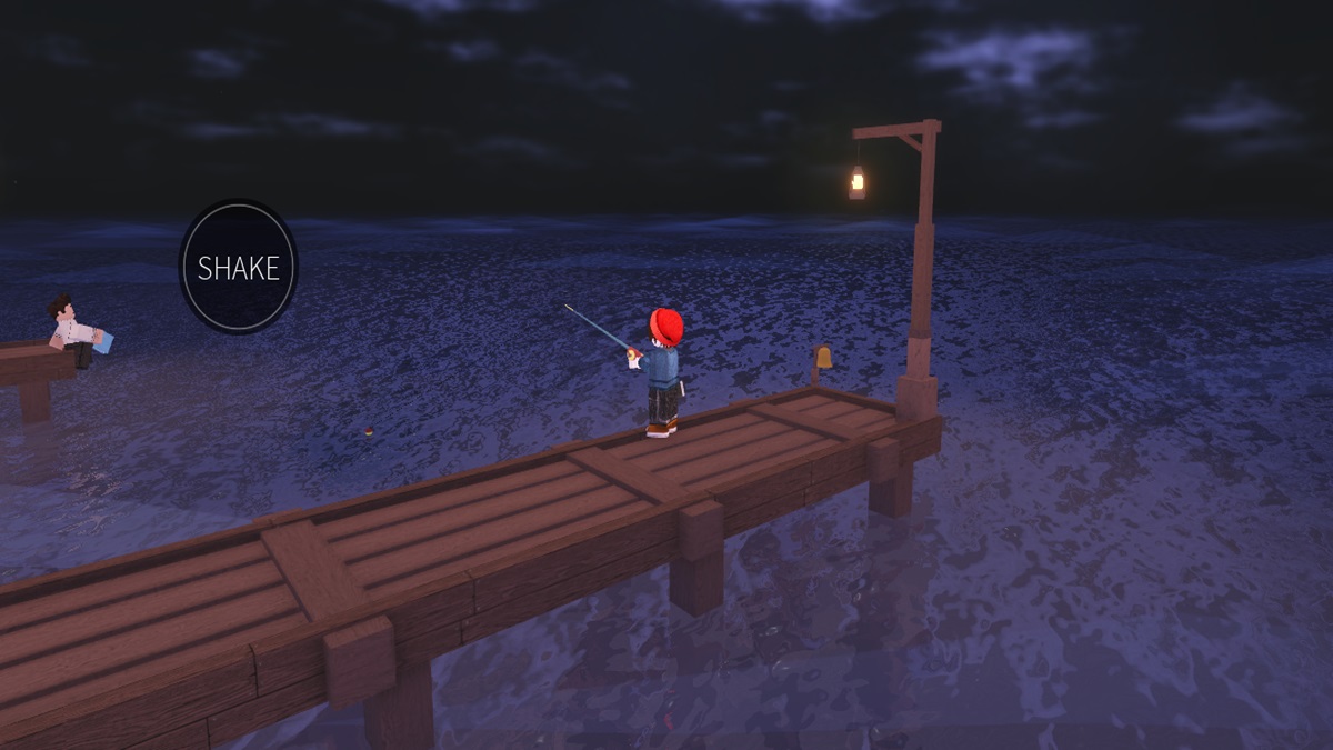 Roblox character fishing on a pier