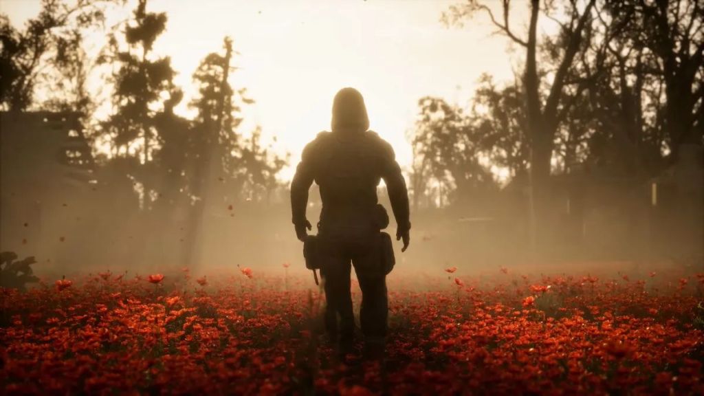 STALKER 2: a silhouette of a solider walks towards some decrepit trees lit by sunlight.