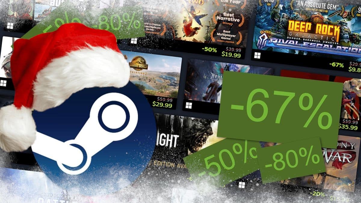 The Steam logo wearing a Christmas hat with discounted games in the background.