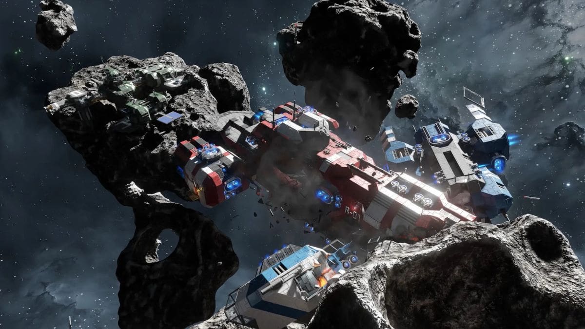 A ship collides with an asteroid in Space Engineers 2 key art.