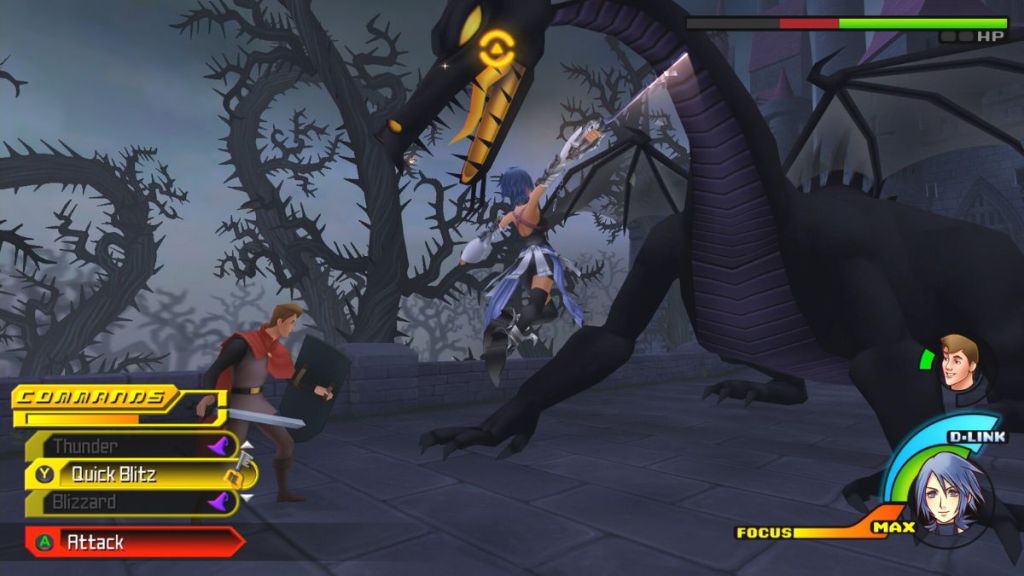 Aqua and Prince Phillip fighting Maleficent in Birth by Sleep.