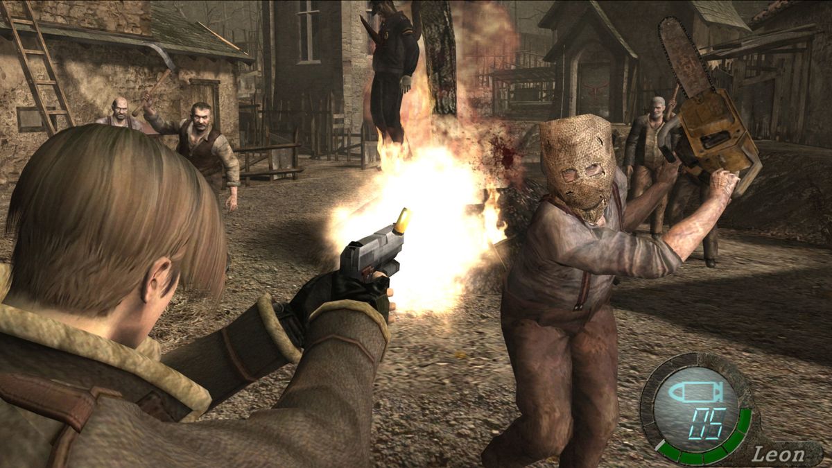 Leon Kennedy fighting Dr. Salvador and other villagers at the beginning of Resident Evil 4.