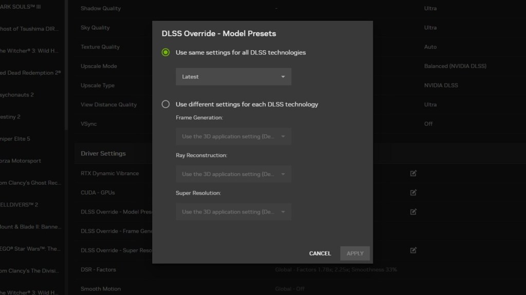 An image showing an example of Nvidia's DLSS version override UI.