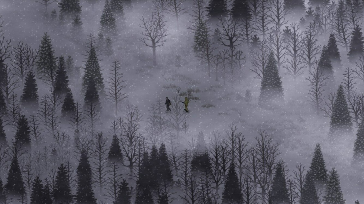 A Project Zomboid B42 screenshot showing two survivors walking through a forest during wintertime.