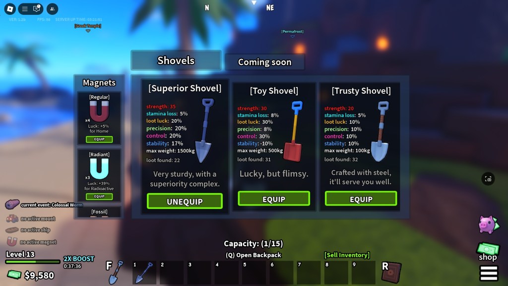 A Shovel menu in Roblox Dig it showing the Superior Shovel