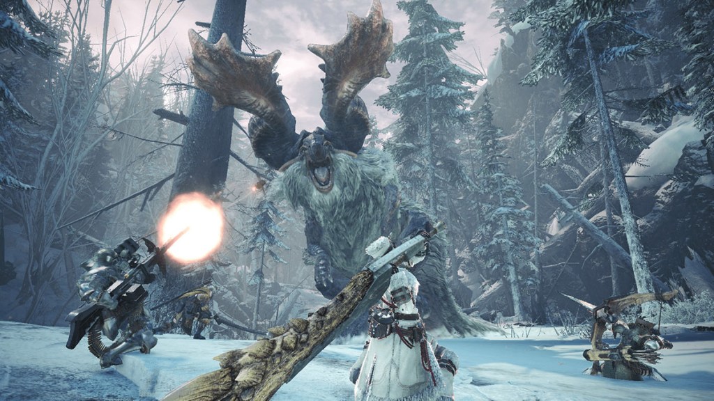 The hunters face a Banbaro in Monster Hunter World: Iceborne. 