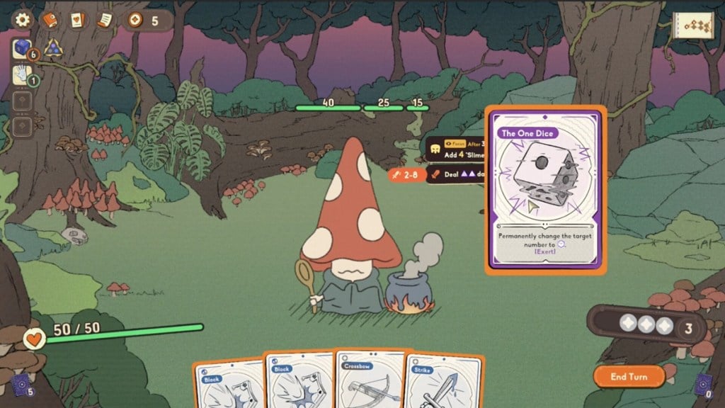 The player battling a mushroom in Diceomancer