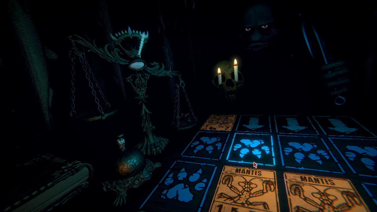 A character waiting in the dark with cards on the table