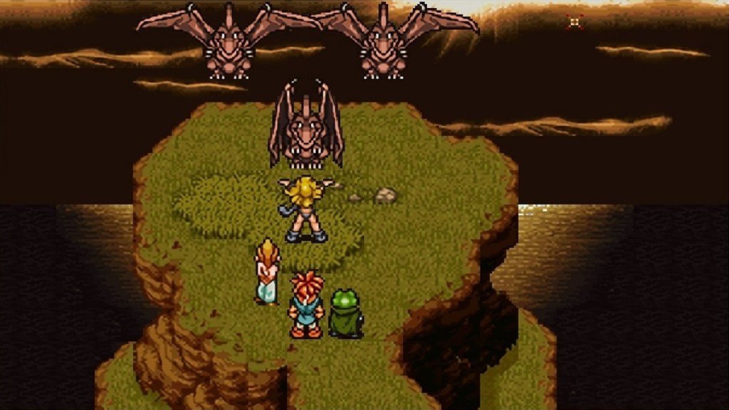 The Chrono Trigger team standing on a cliff attacked by birds