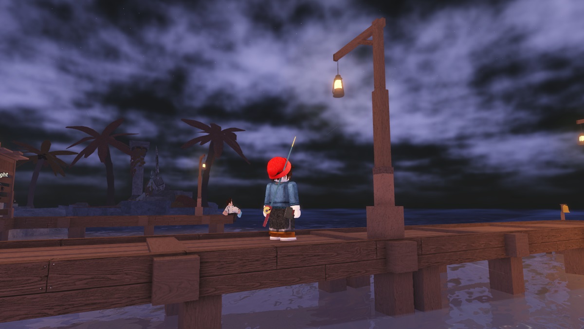 Complete Fisch seasons and weather guide - player on a pier at night