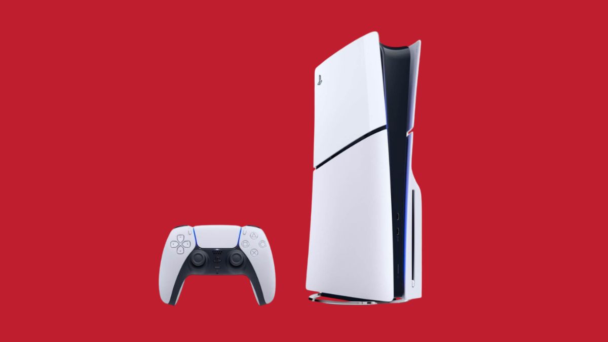 The PS5 Slim Console on a red background.