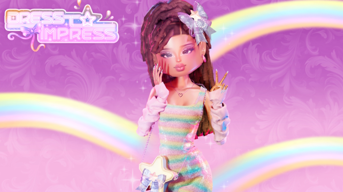 A player wearing a rainbow dress and posing