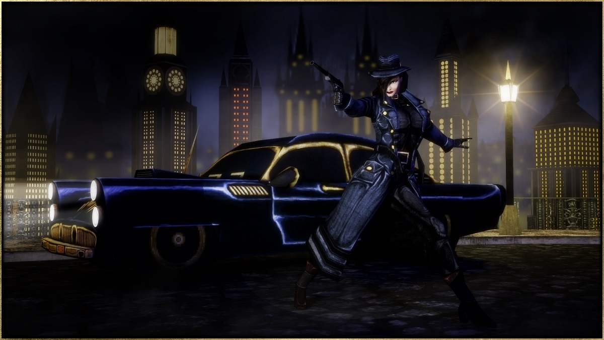 Half-Life: a mod, which shows a cool-looking woman in a black trench coat and hat pointing a gun as she stands next to a 1930s-style car.