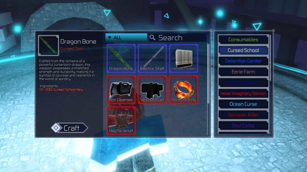 Jujutsu Infinite Cursed School crafting UI