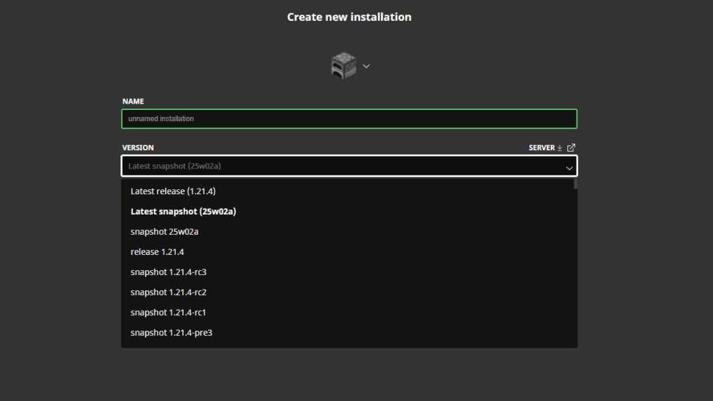 Minecraft Java version installation menu