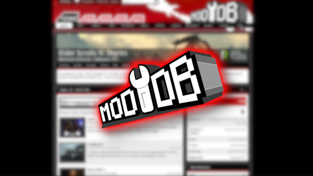 ModDB logo and "spanner" icon, with a blurry image of the Skyrim mod page in the background.