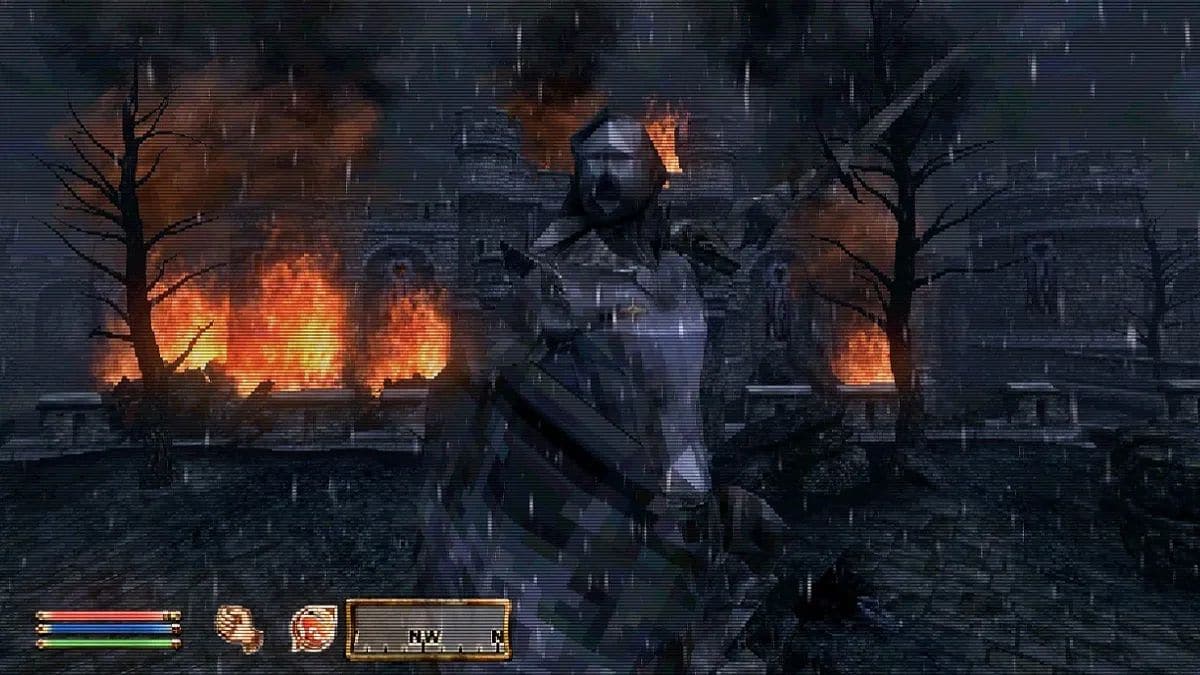 Oblivion: a pixelated statue stands in front of a burning castle at night.