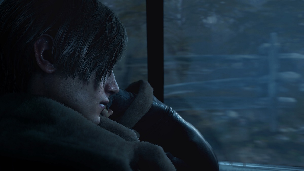 Resident Evil 4 Remake: Leon Kennedy stares outside a car window during a gloomy nighttime.