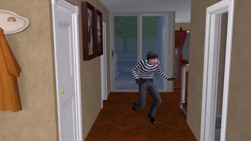 A burglar sneaking into a Sim's house